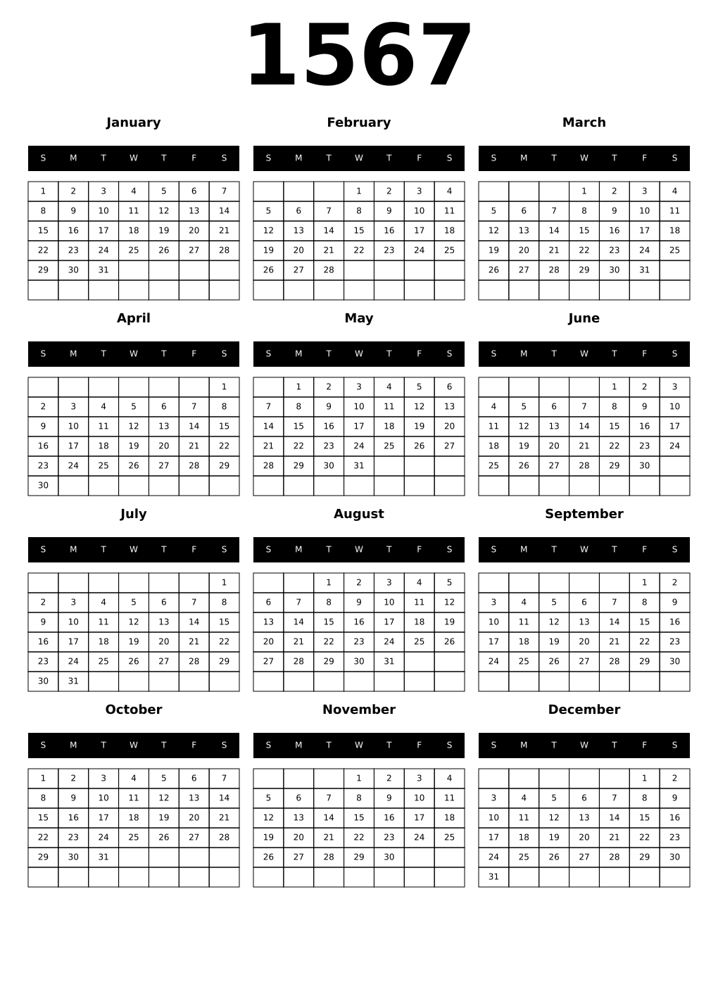 Printable 1567 Calendars