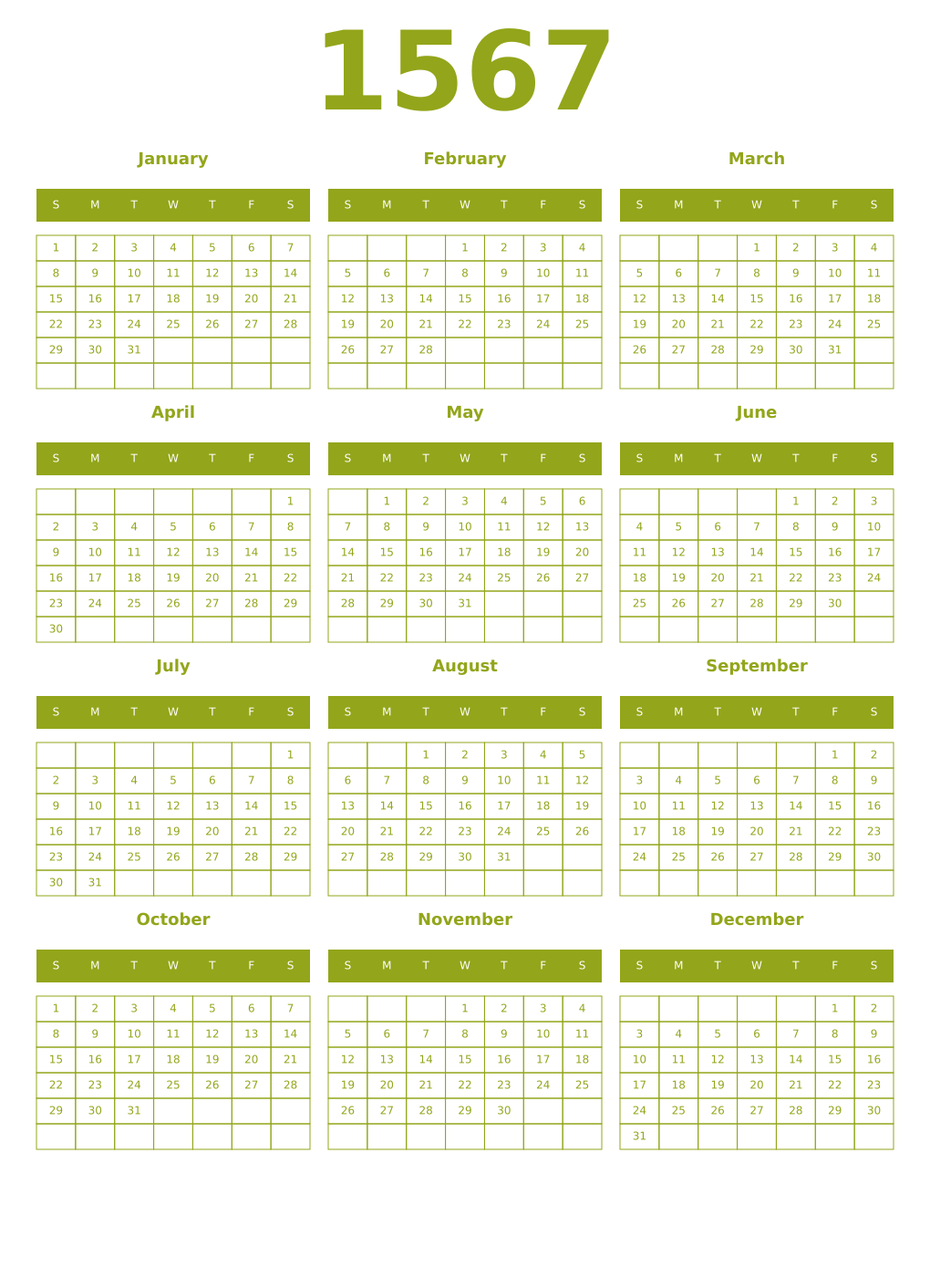 Printable 1567 Year Calendars chartreuse