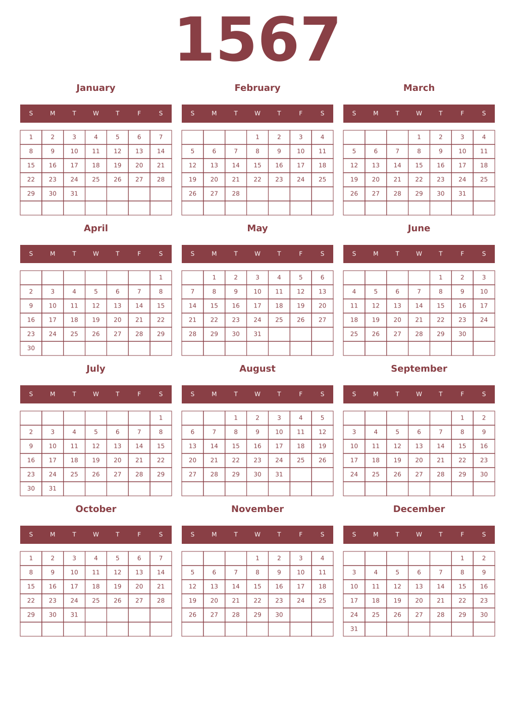 Printable 1567 Year Calendars cordovan