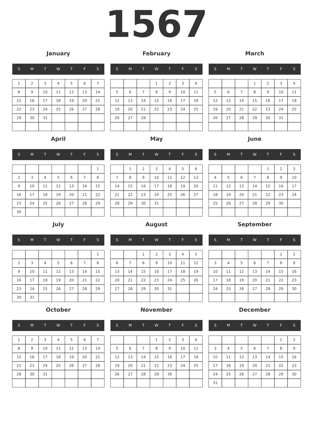 Printable 1567 Year Calendars dark