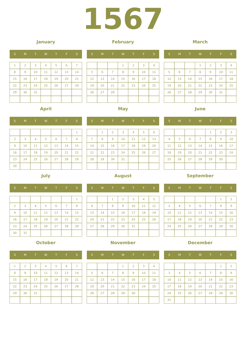 Printable 1567 Year Calendars eburnean