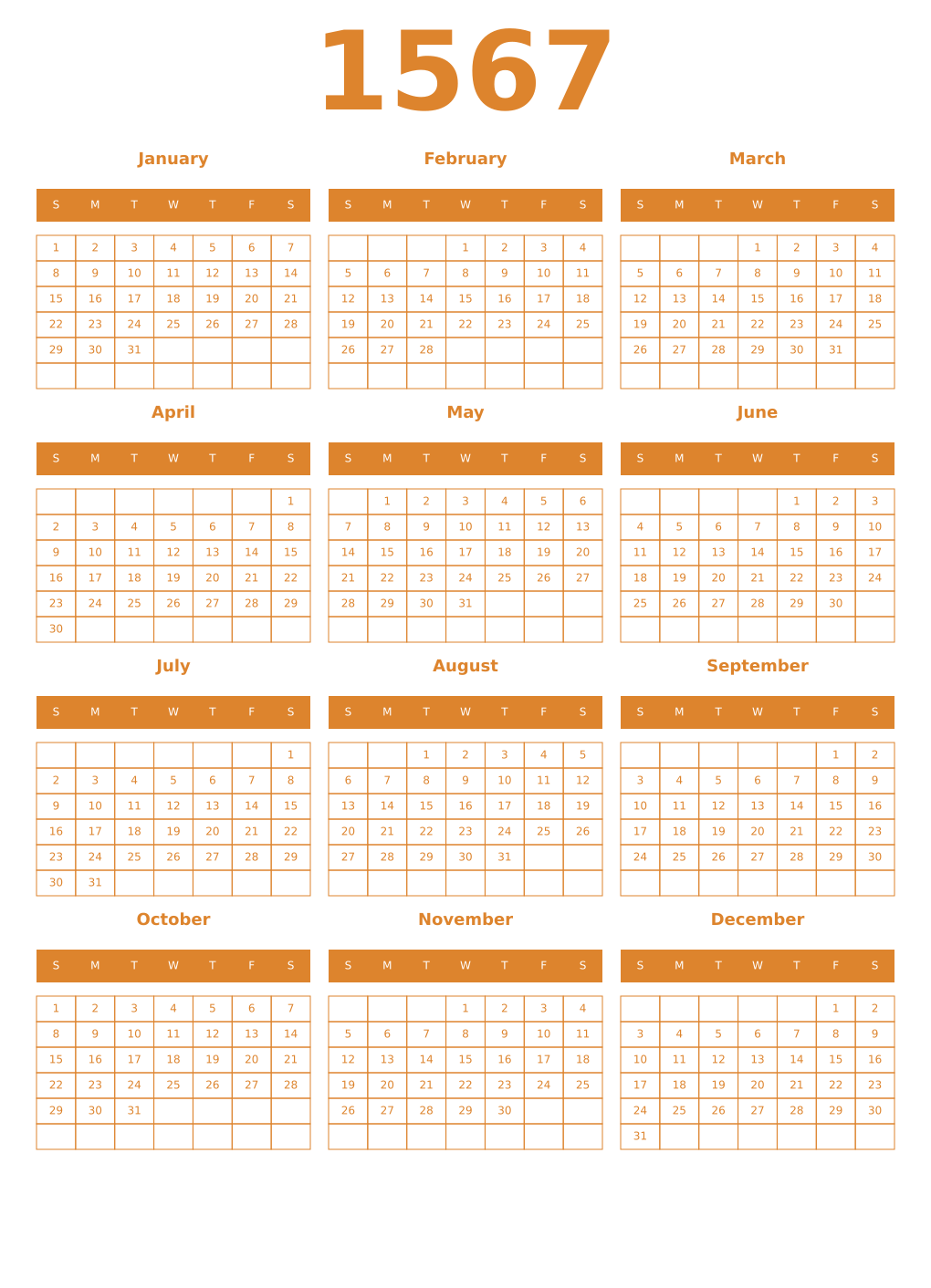 Printable 1567 Year Calendars orange