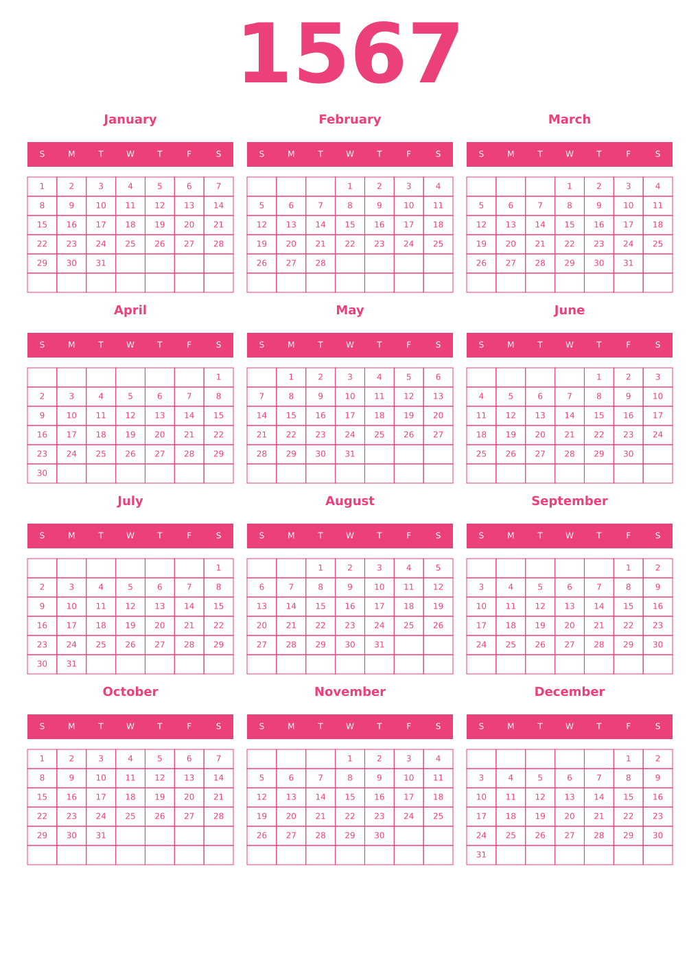 Printable 1567 Year Calendars pink