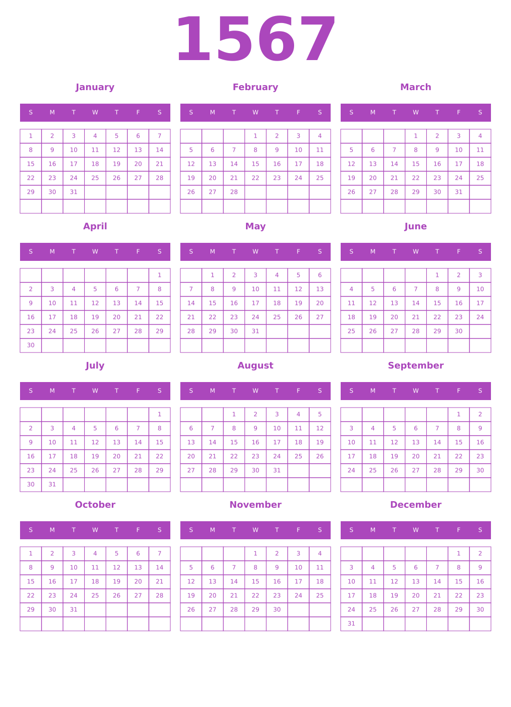 Printable 1567 Year Calendars purple