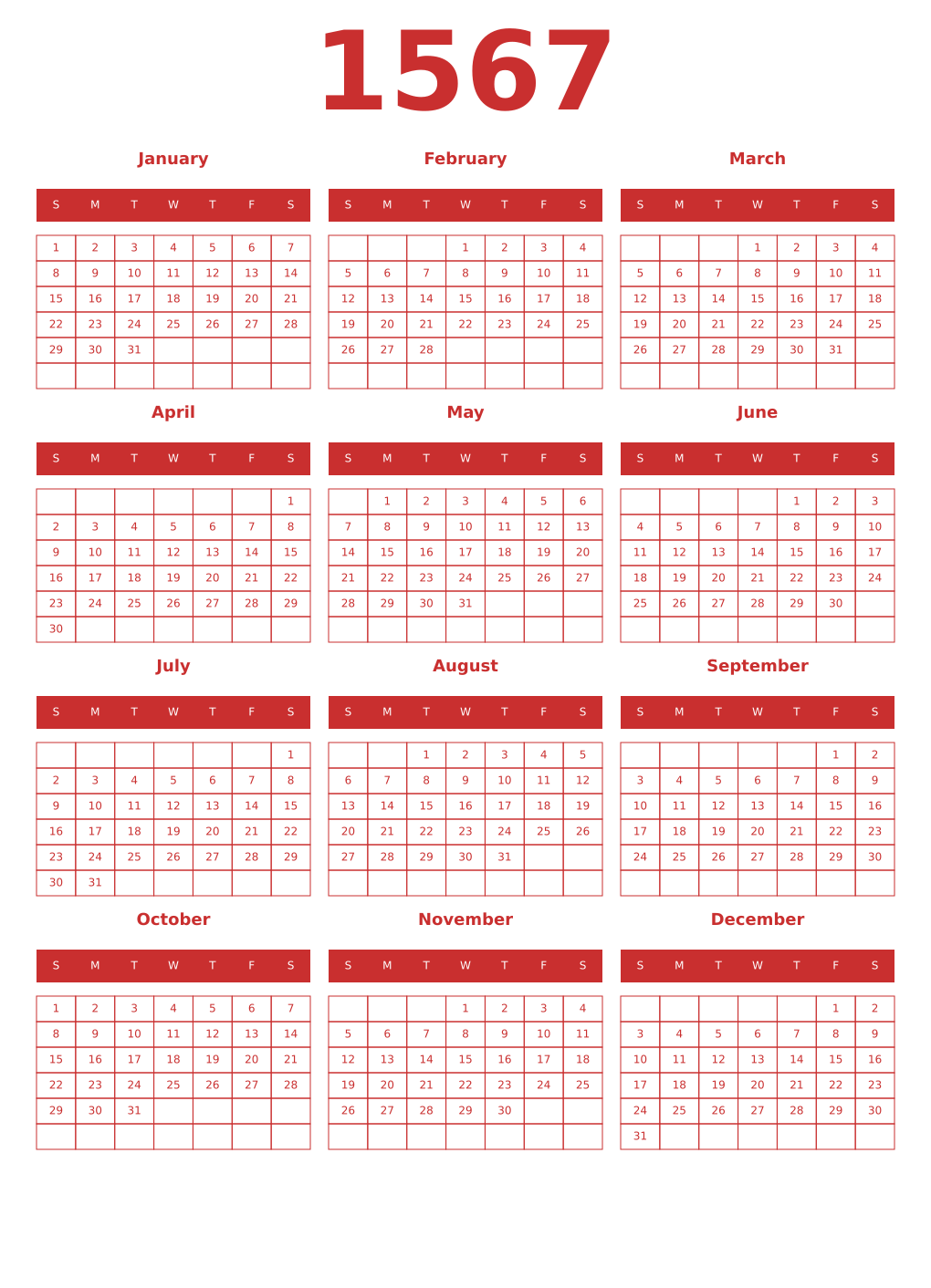 Printable 1567 Year Calendars red