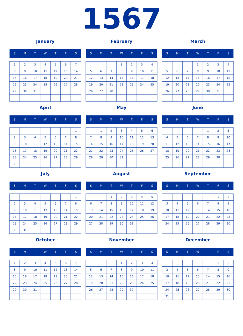 Printable 1567 Year Calendars smalt