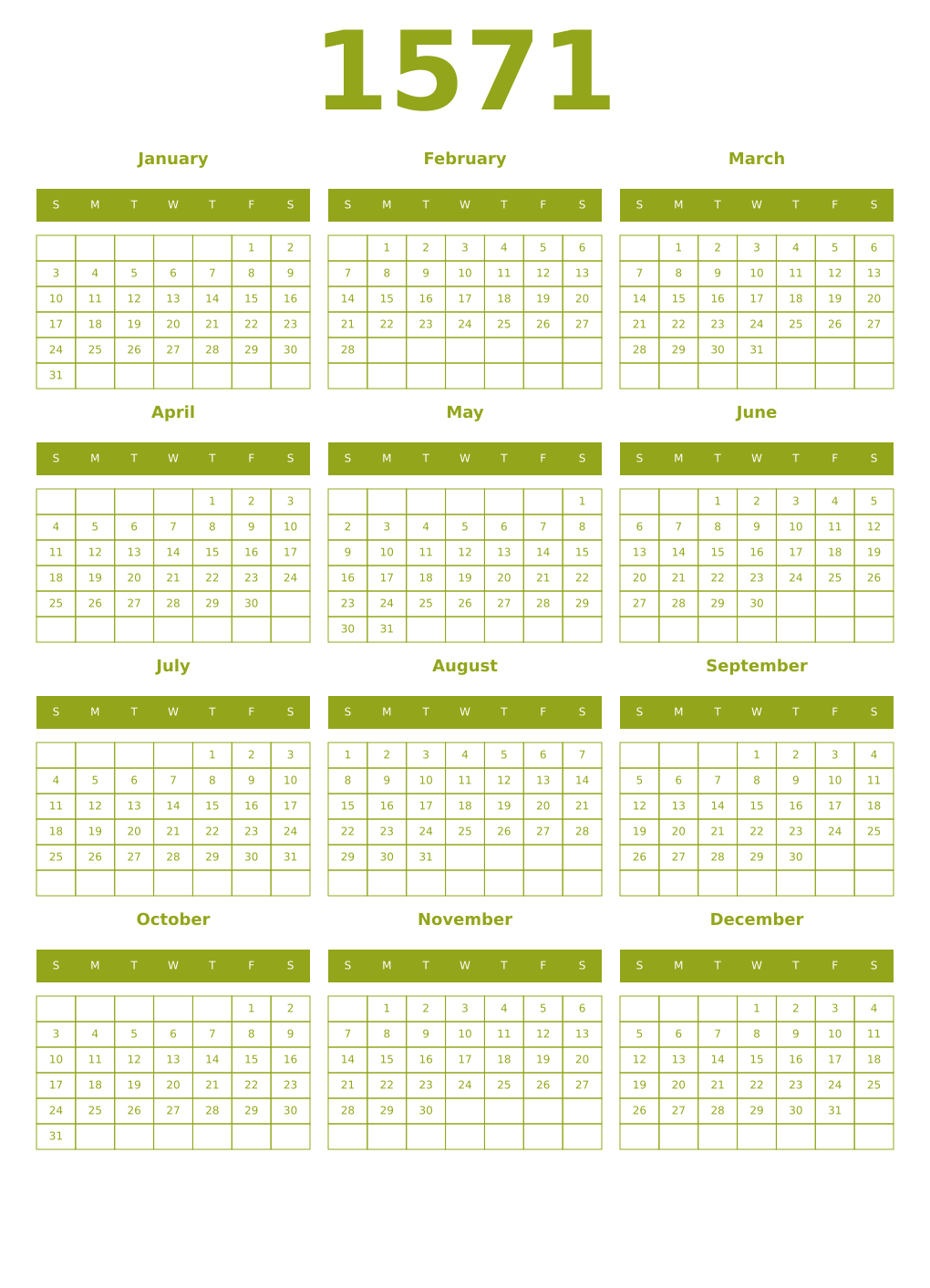 Printable 1571 Year Calendars chartreuse