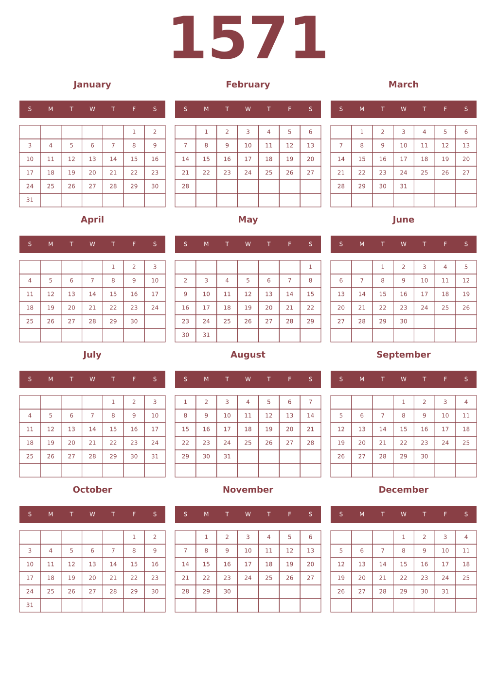 Printable 1571 Year Calendars cordovan