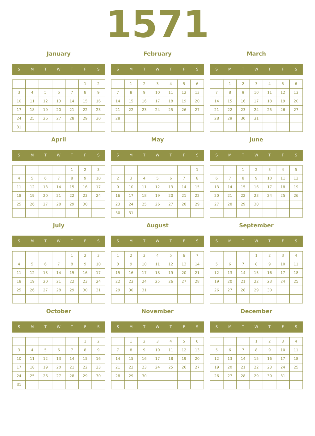 Printable 1571 Year Calendars eburnean