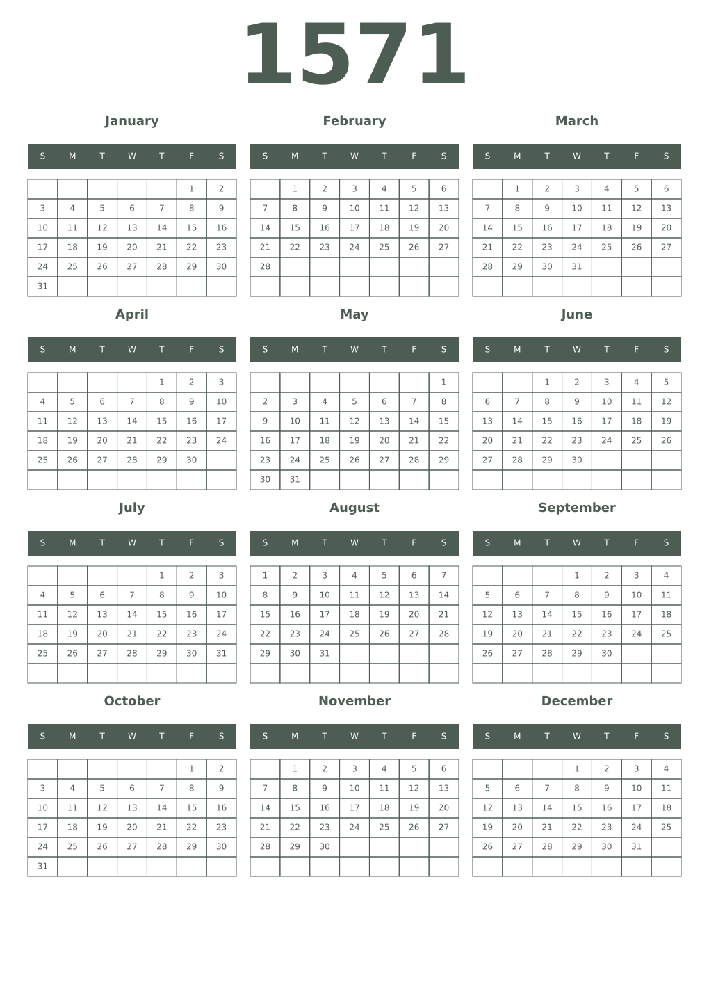 Printable 1571 Year Calendars feldgrau