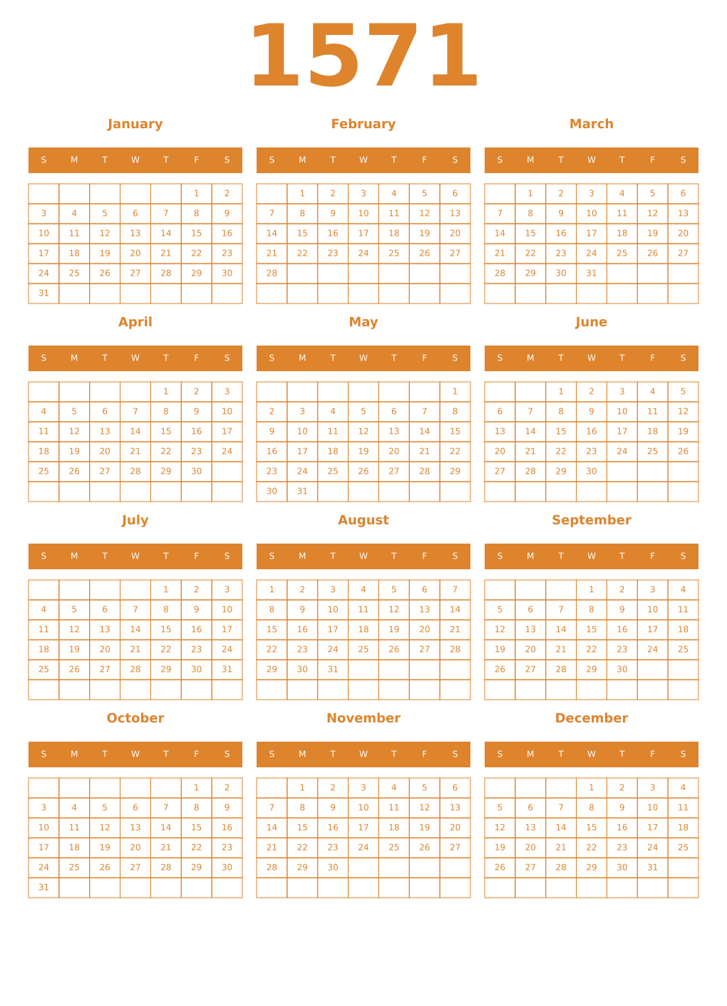 Printable 1571 Year Calendars orange