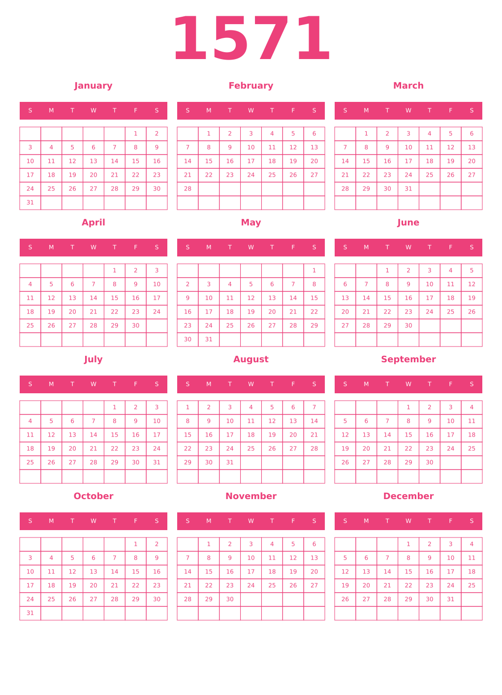 Printable 1571 Year Calendars pink