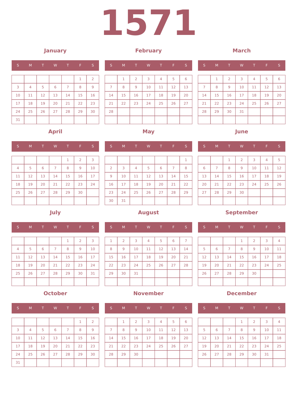 Printable 1571 Year Calendars puce