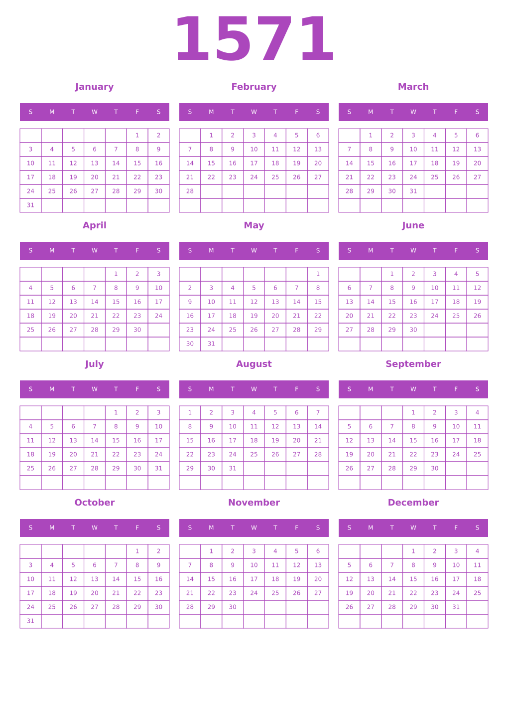 Printable 1571 Year Calendars purple