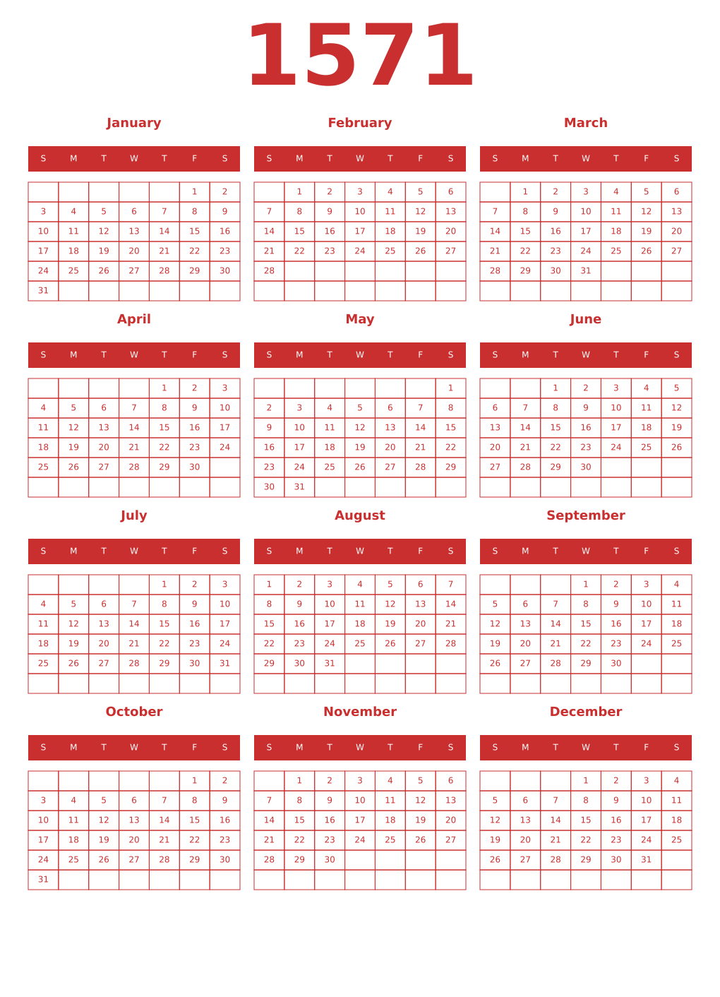 Printable 1571 Year Calendars red