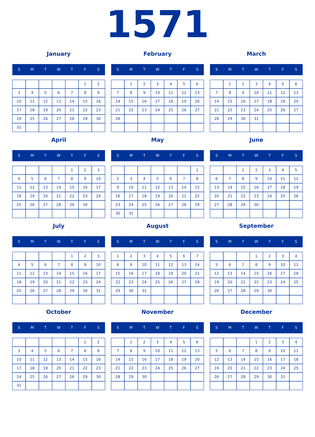 Printable 1571 Year Calendars smalt