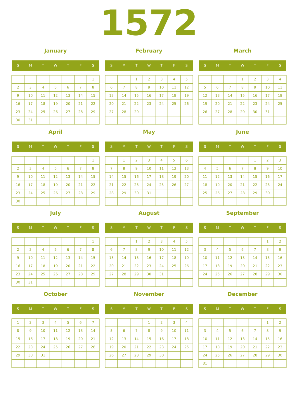 Printable 1572 Year Calendars chartreuse