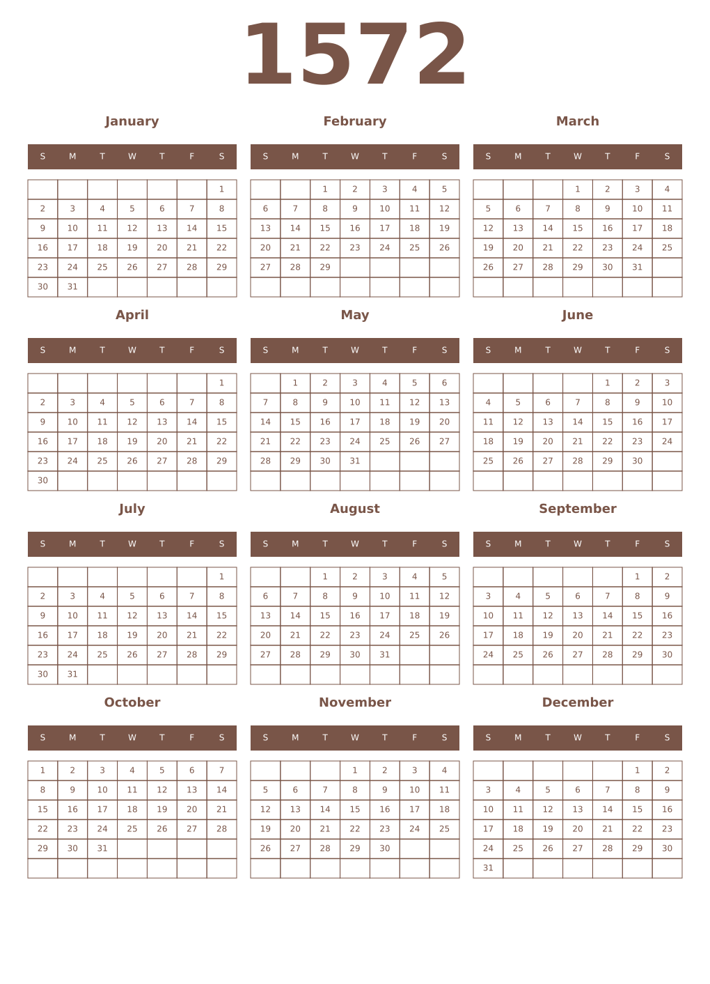 Printable 1572 Year Calendars coffe