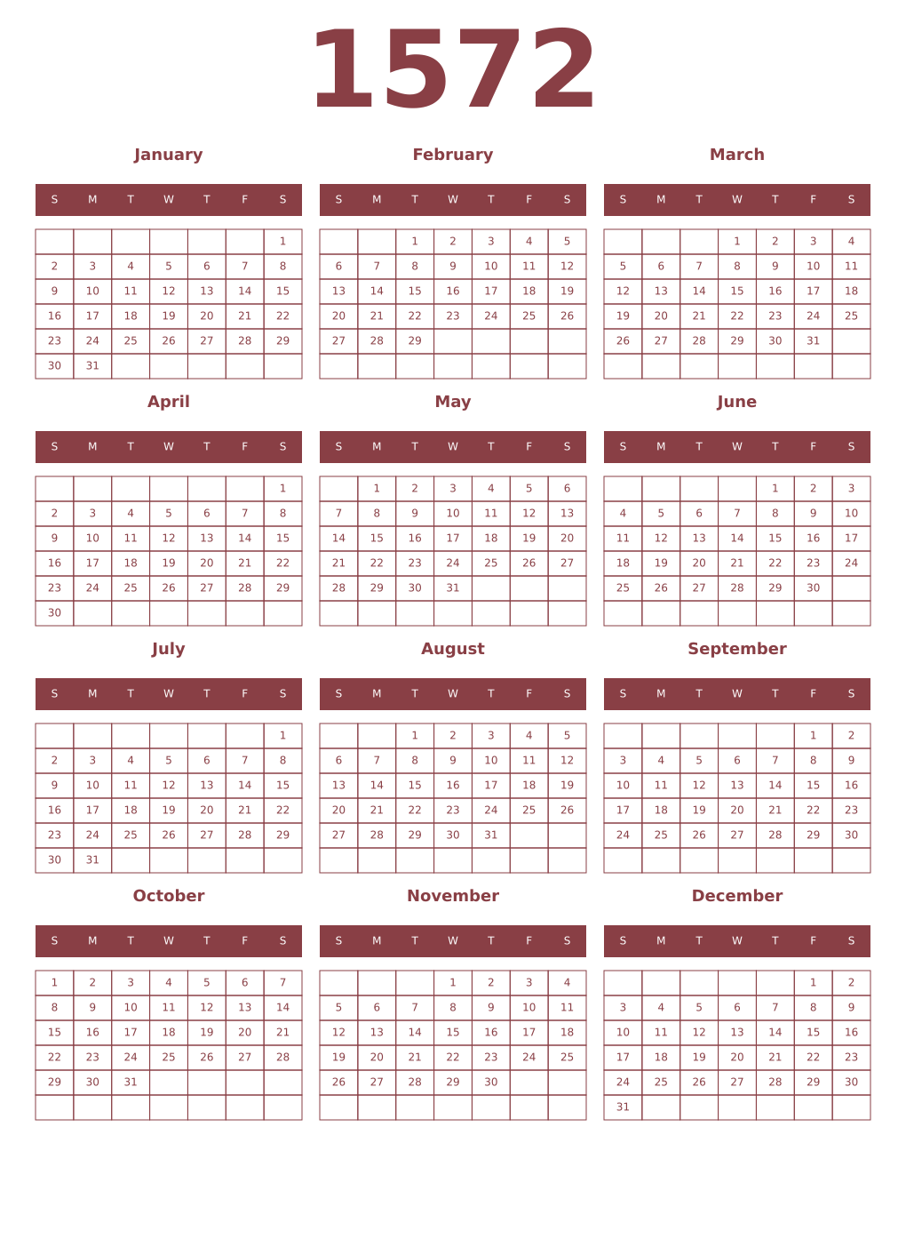 Printable 1572 Year Calendars cordovan