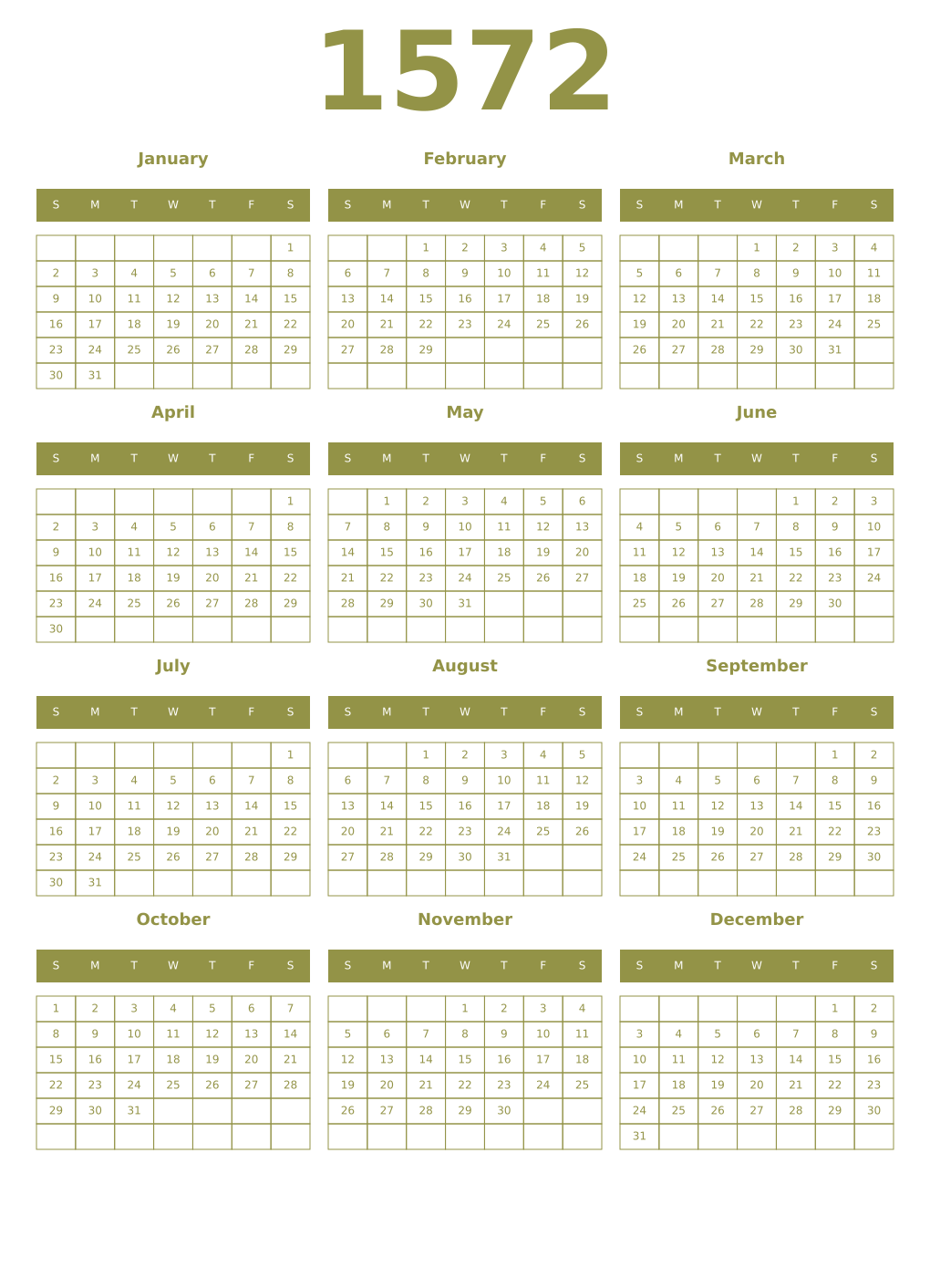 Printable 1572 Year Calendars eburnean