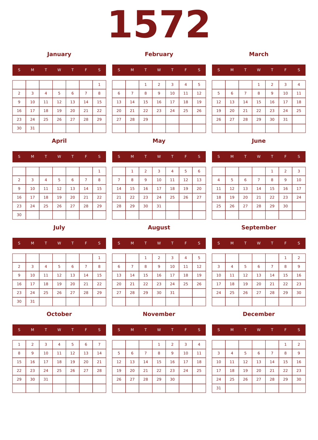 Printable 1572 Year Calendars falu