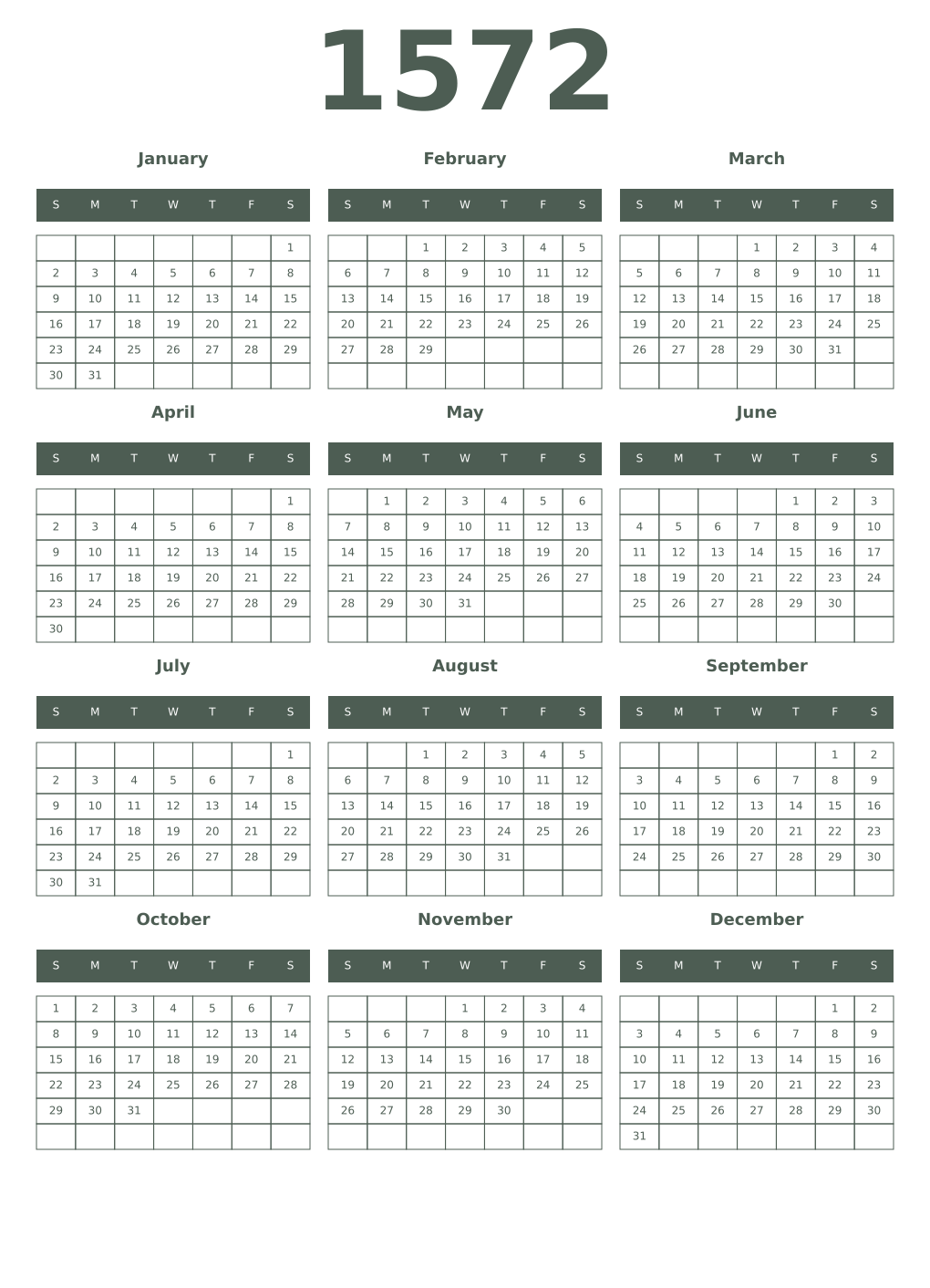 Printable 1572 Year Calendars feldgrau