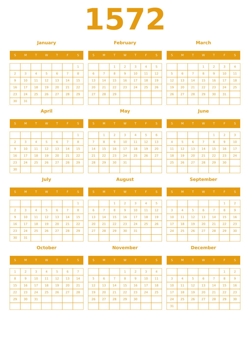 Printable 1572 Year Calendars gamboge