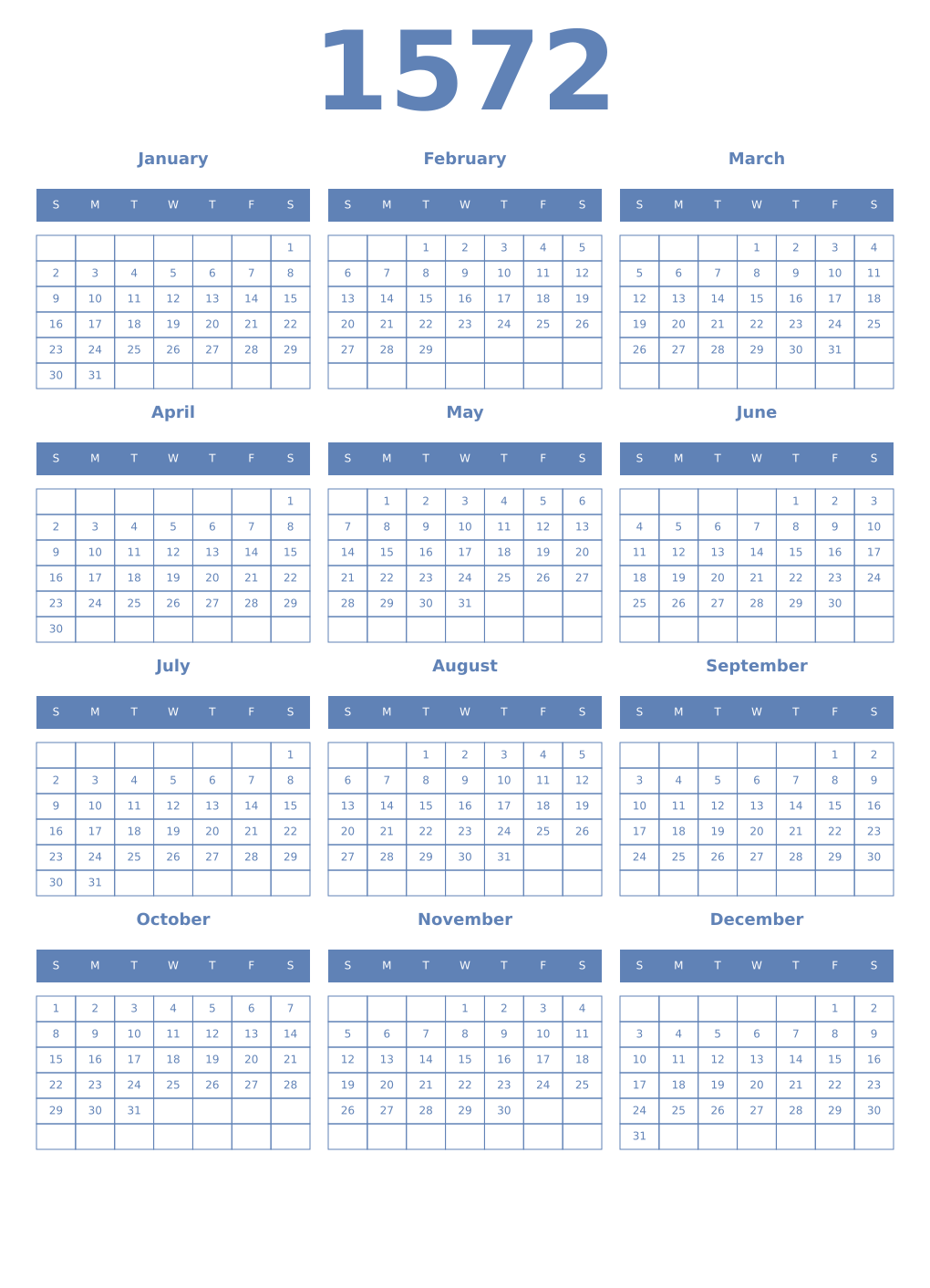 Printable 1572 Year Calendars glaucous