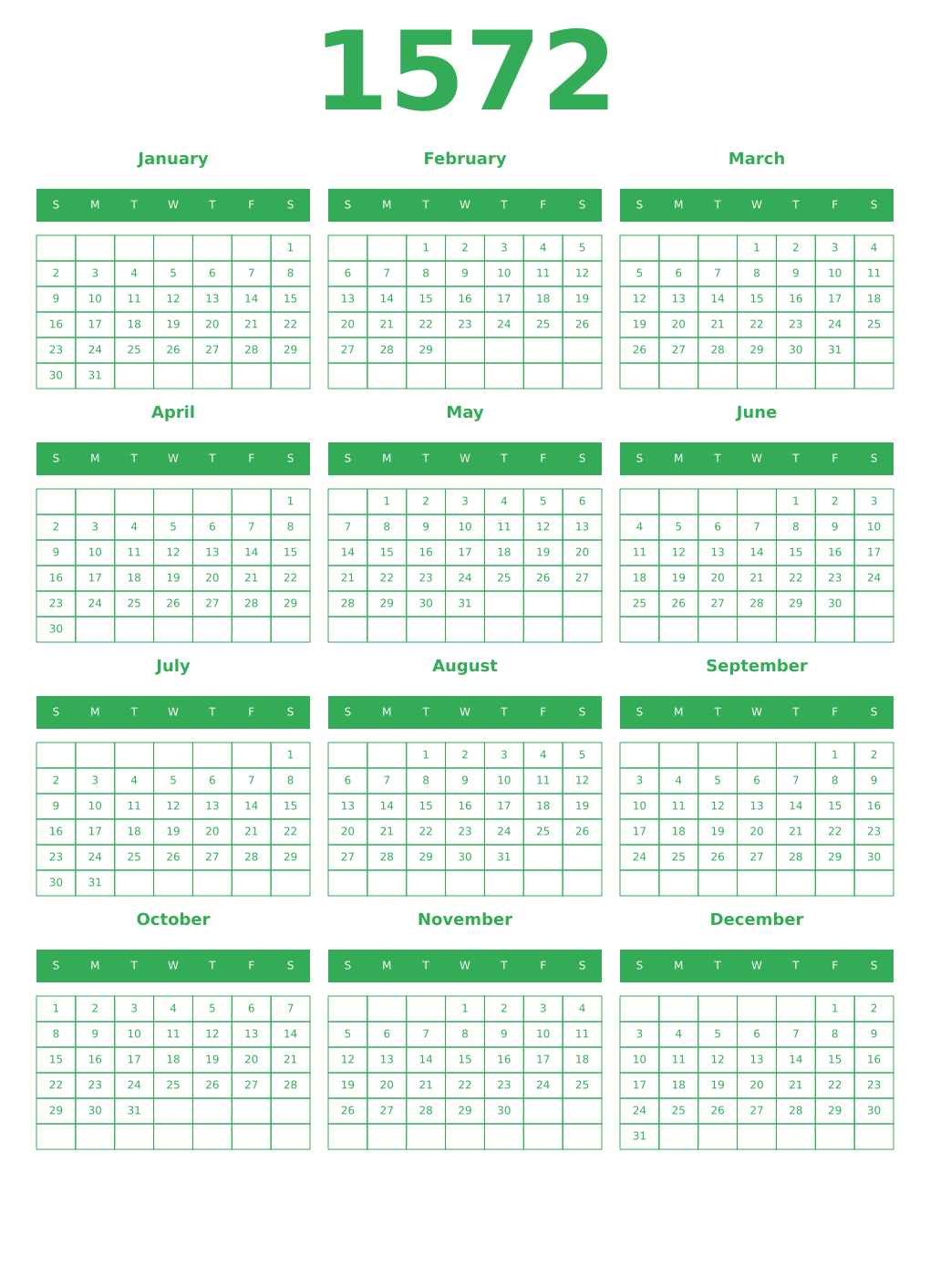 Printable 1572 Year Calendars green