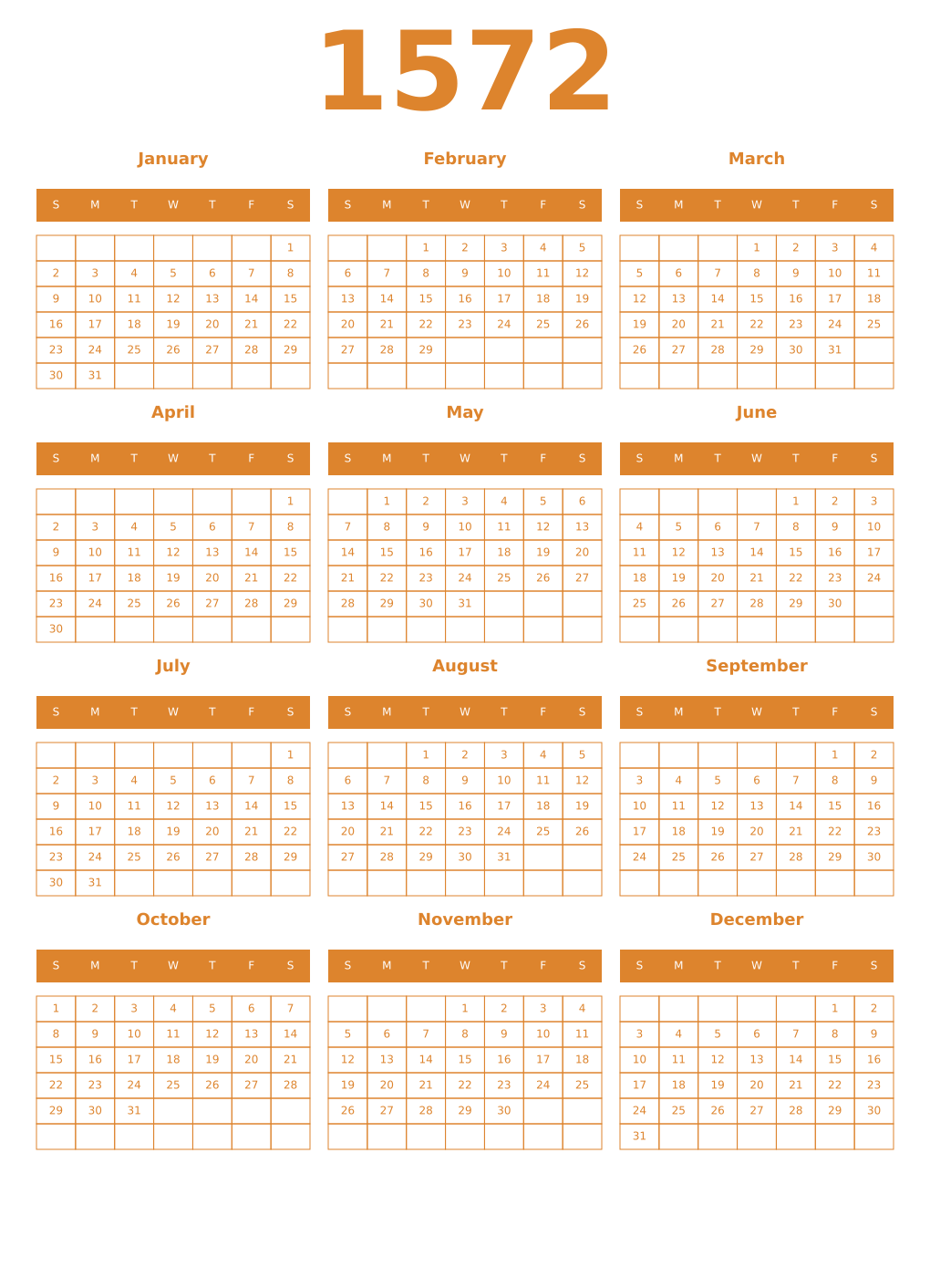 Printable 1572 Year Calendars orange