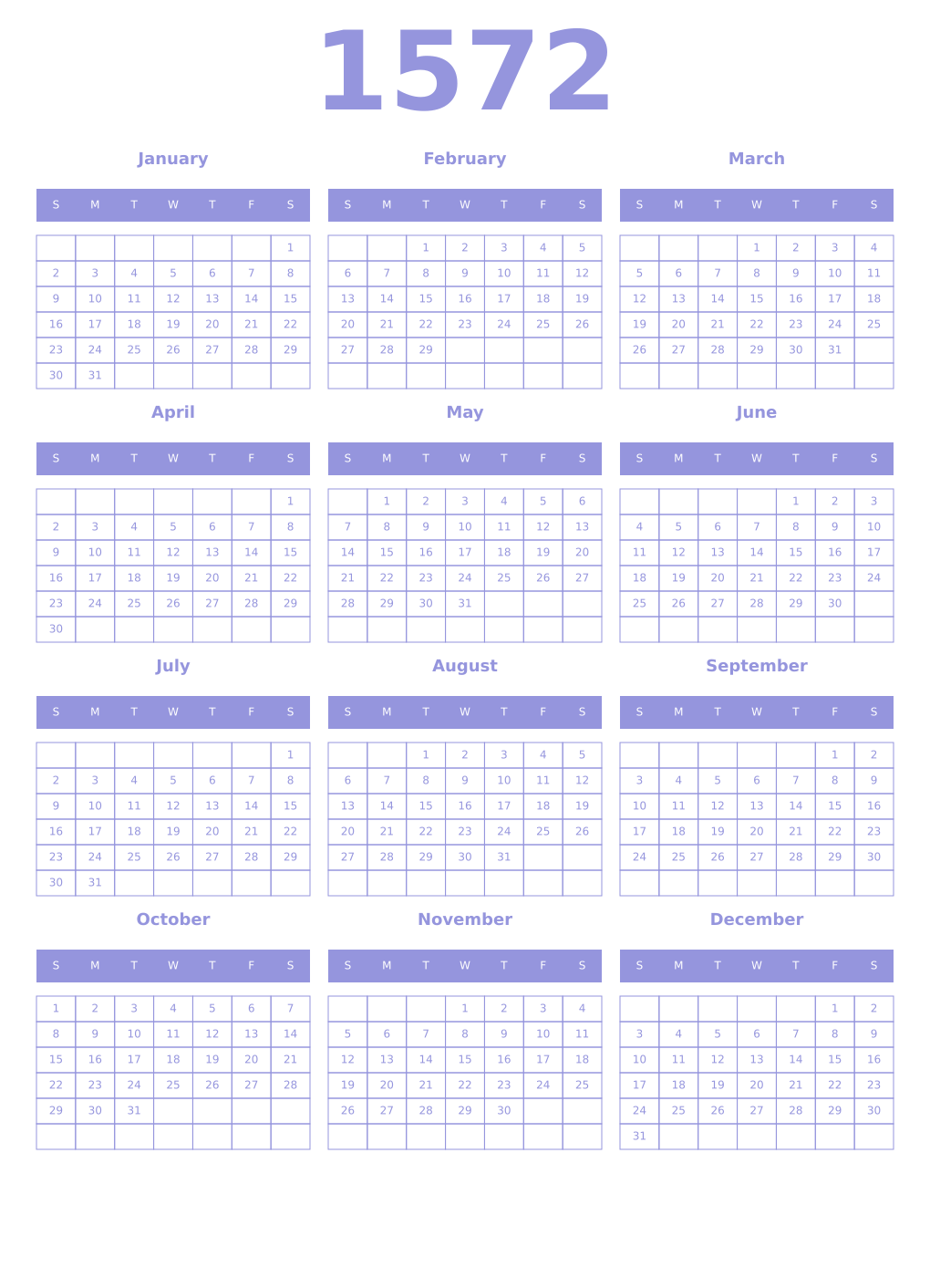 Printable 1572 Year Calendars periwinkle