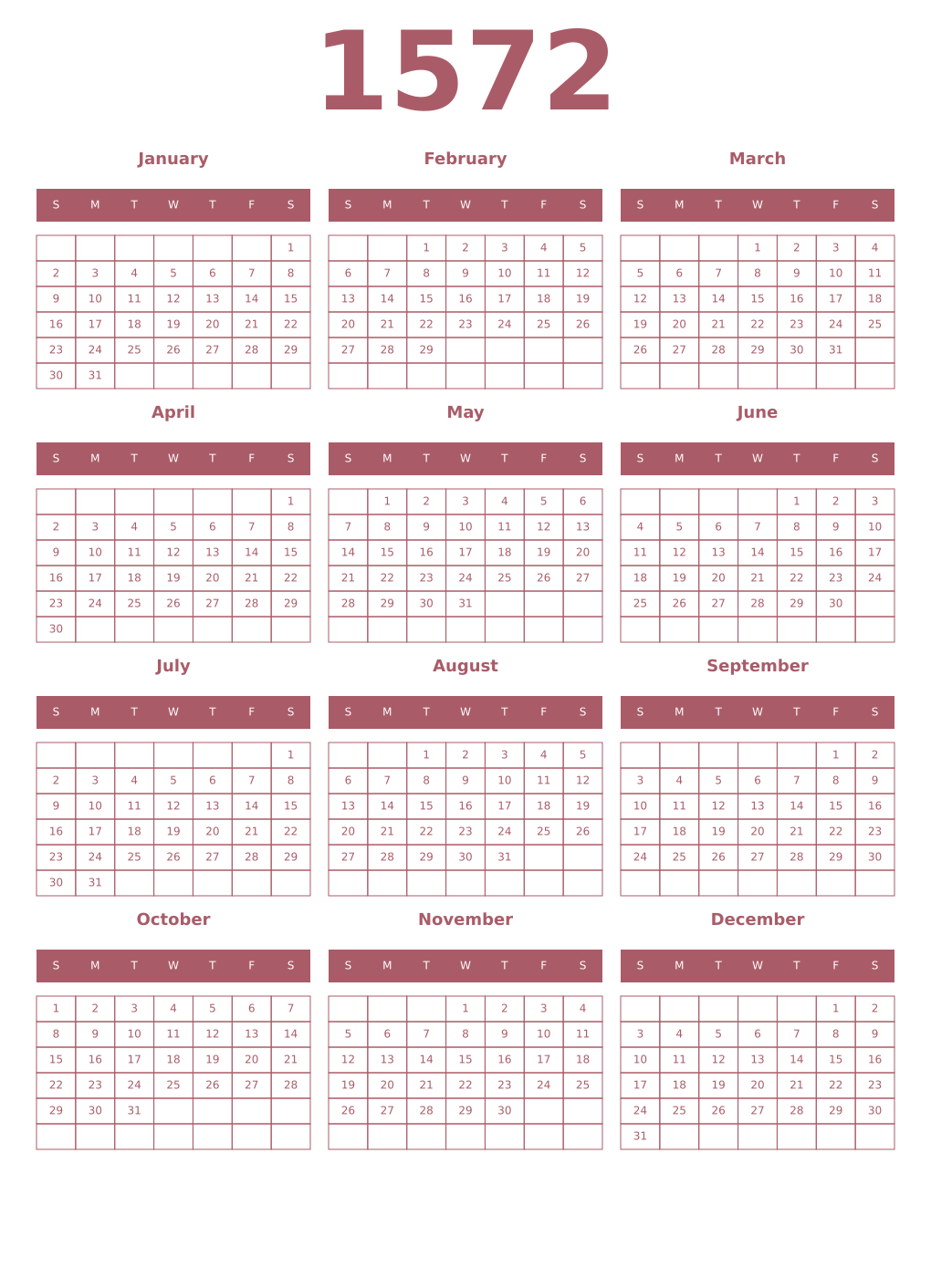 Printable 1572 Year Calendars puce