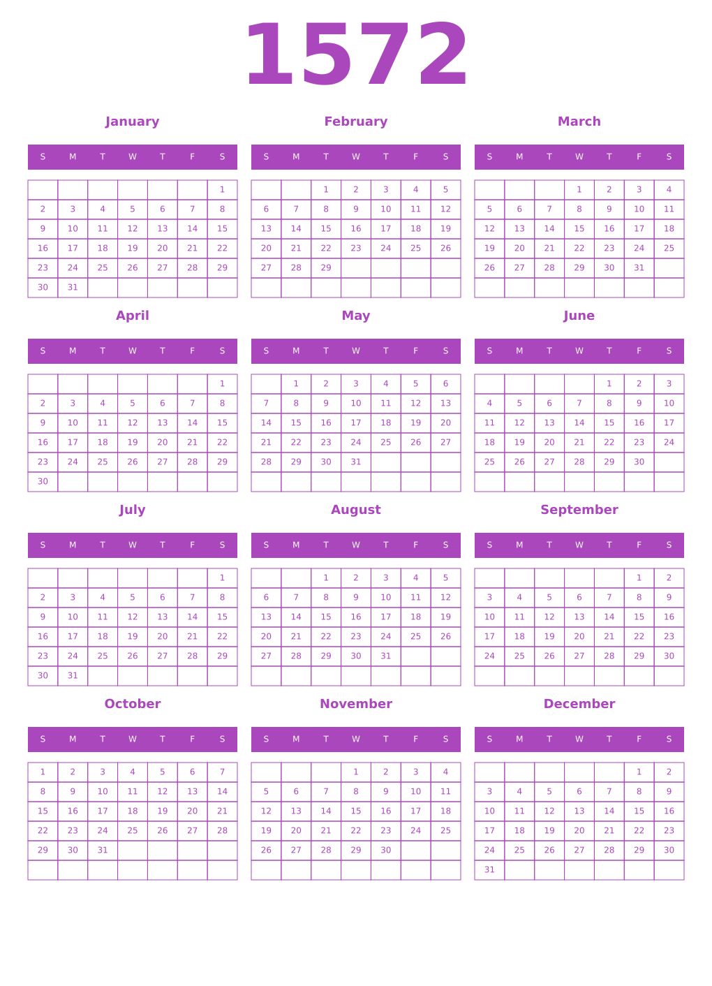 Printable 1572 Year Calendars purple
