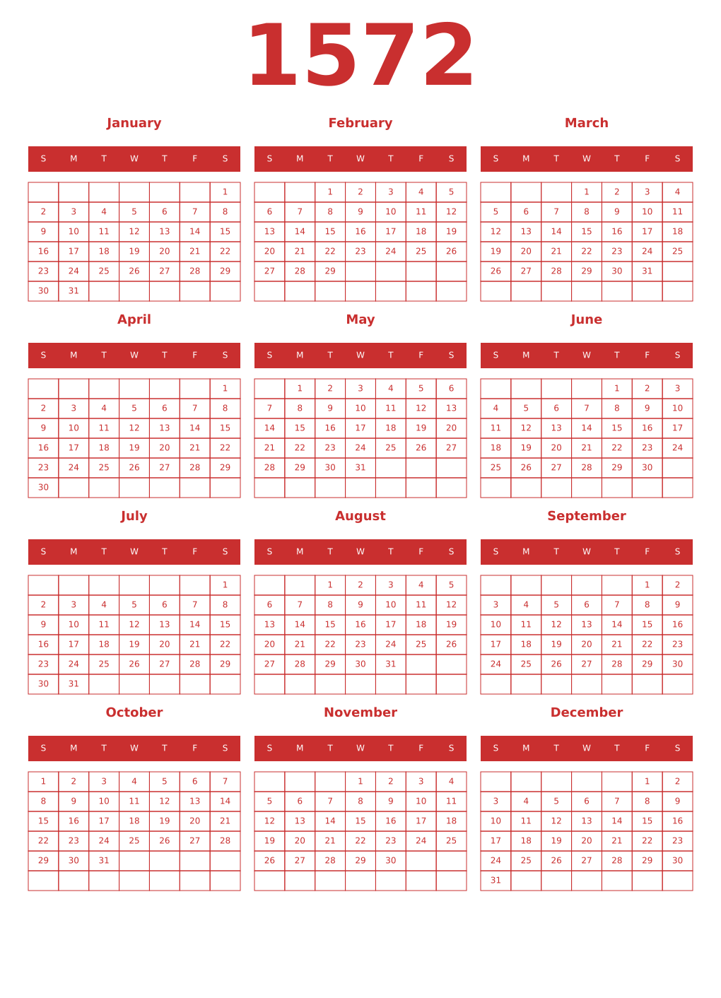 Printable 1572 Year Calendars red