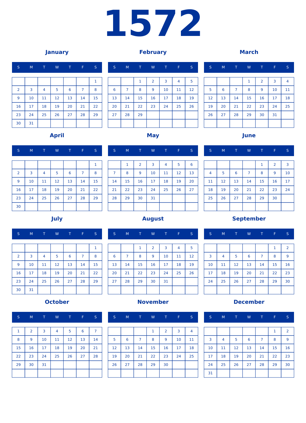 Printable 1572 Year Calendars smalt