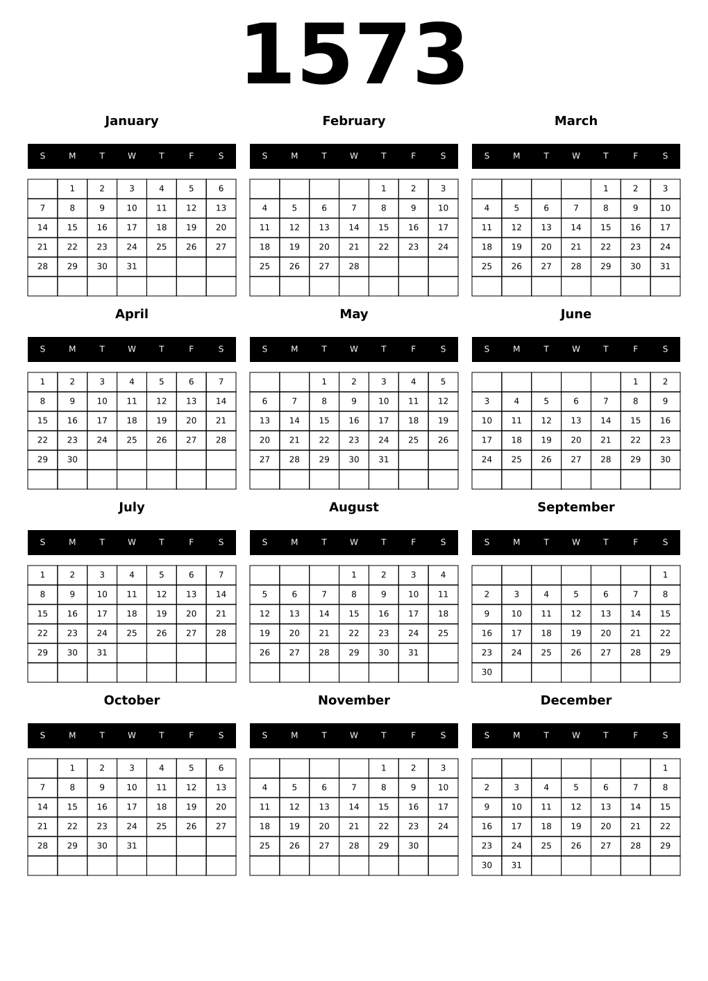 Printable 1573 Calendars