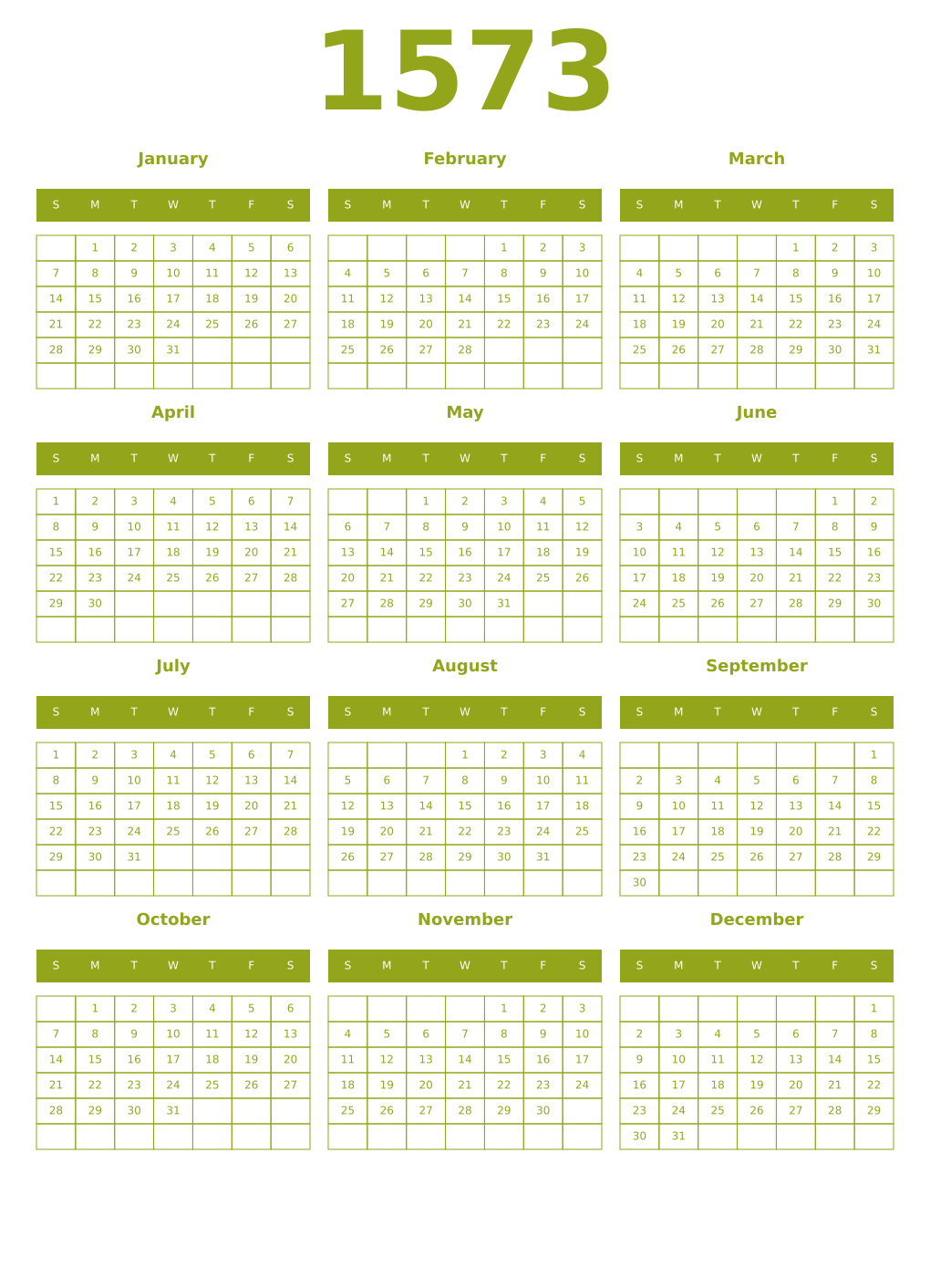 Printable 1573 Year Calendars chartreuse