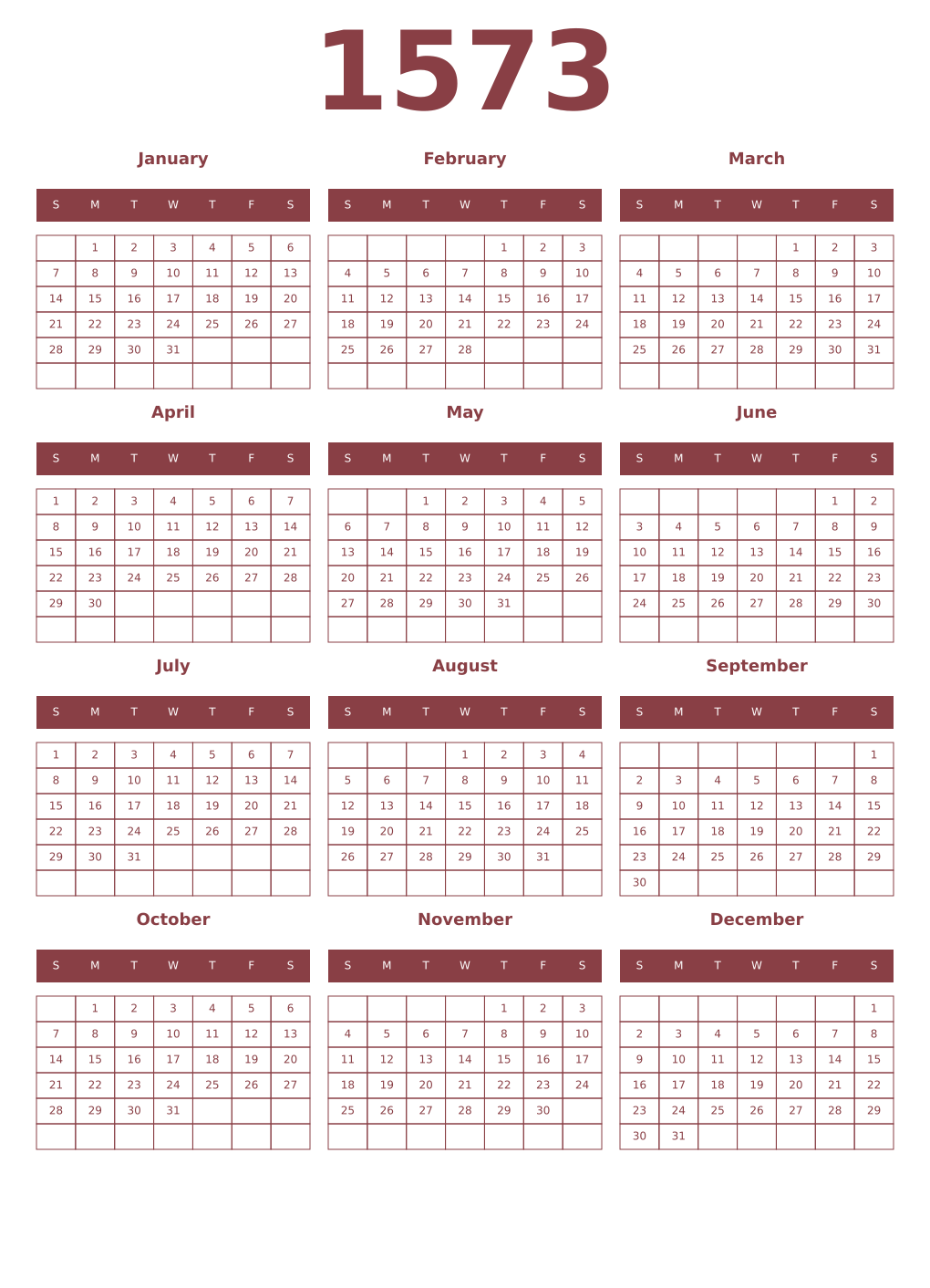 Printable 1573 Year Calendars cordovan
