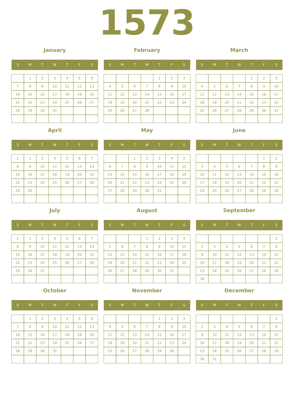 Printable 1573 Year Calendars eburnean