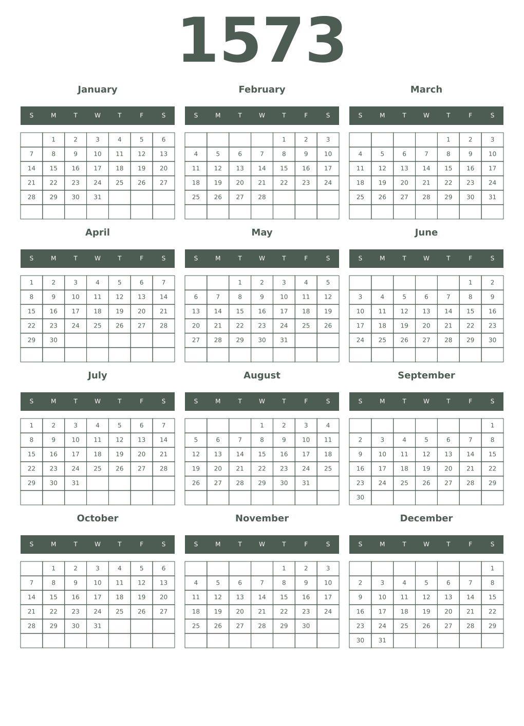 Printable 1573 Year Calendars feldgrau