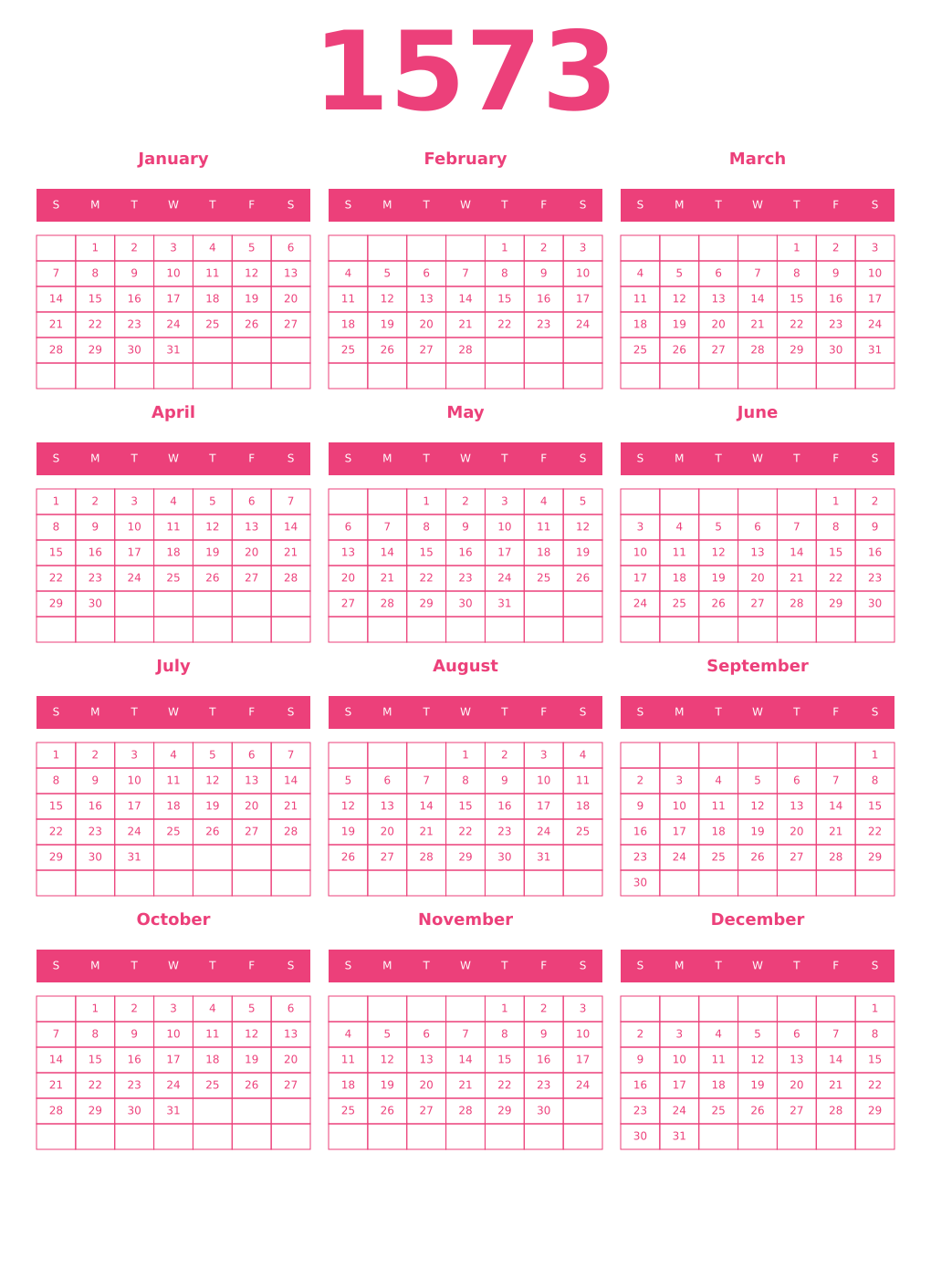 Printable 1573 Year Calendars pink