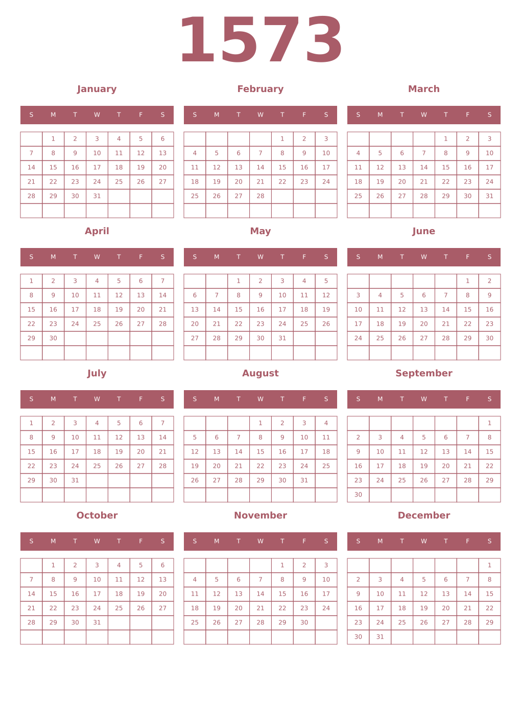 Printable 1573 Year Calendars puce