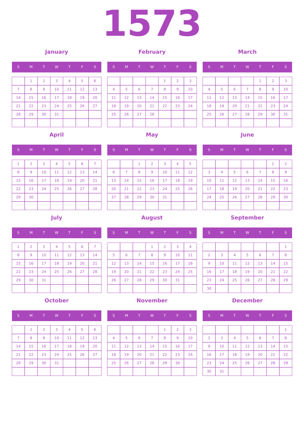 Printable 1573 Year Calendars purple