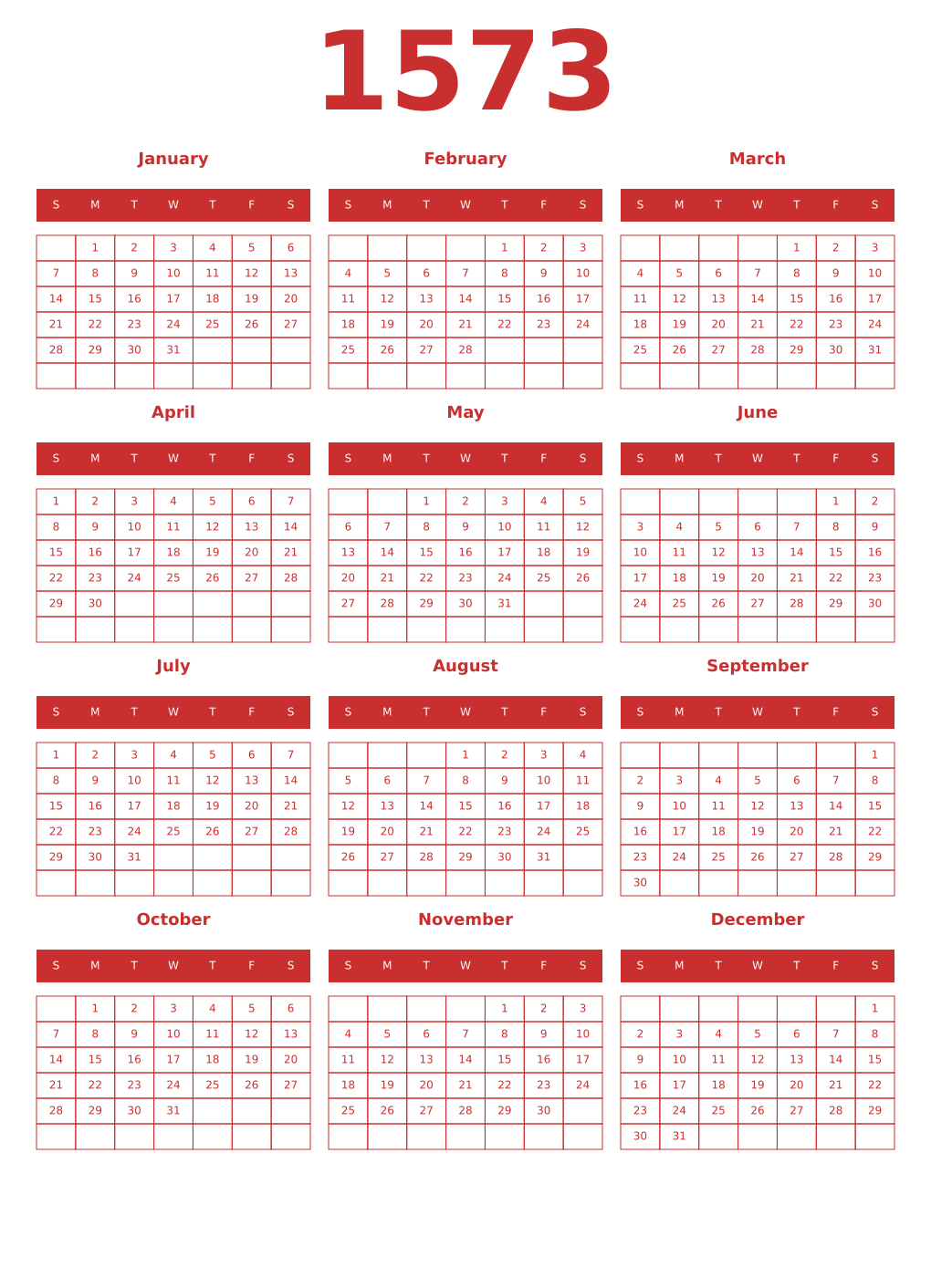 Printable 1573 Year Calendars red