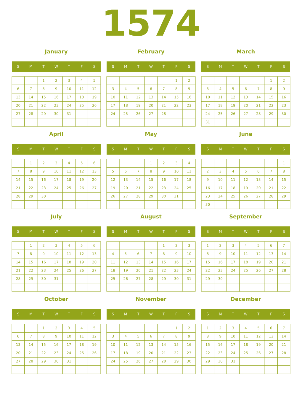 Printable 1574 Year Calendars chartreuse