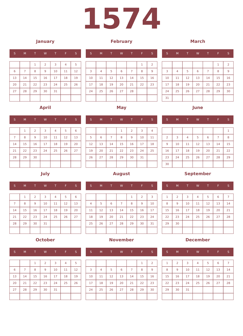 Printable 1574 Year Calendars cordovan