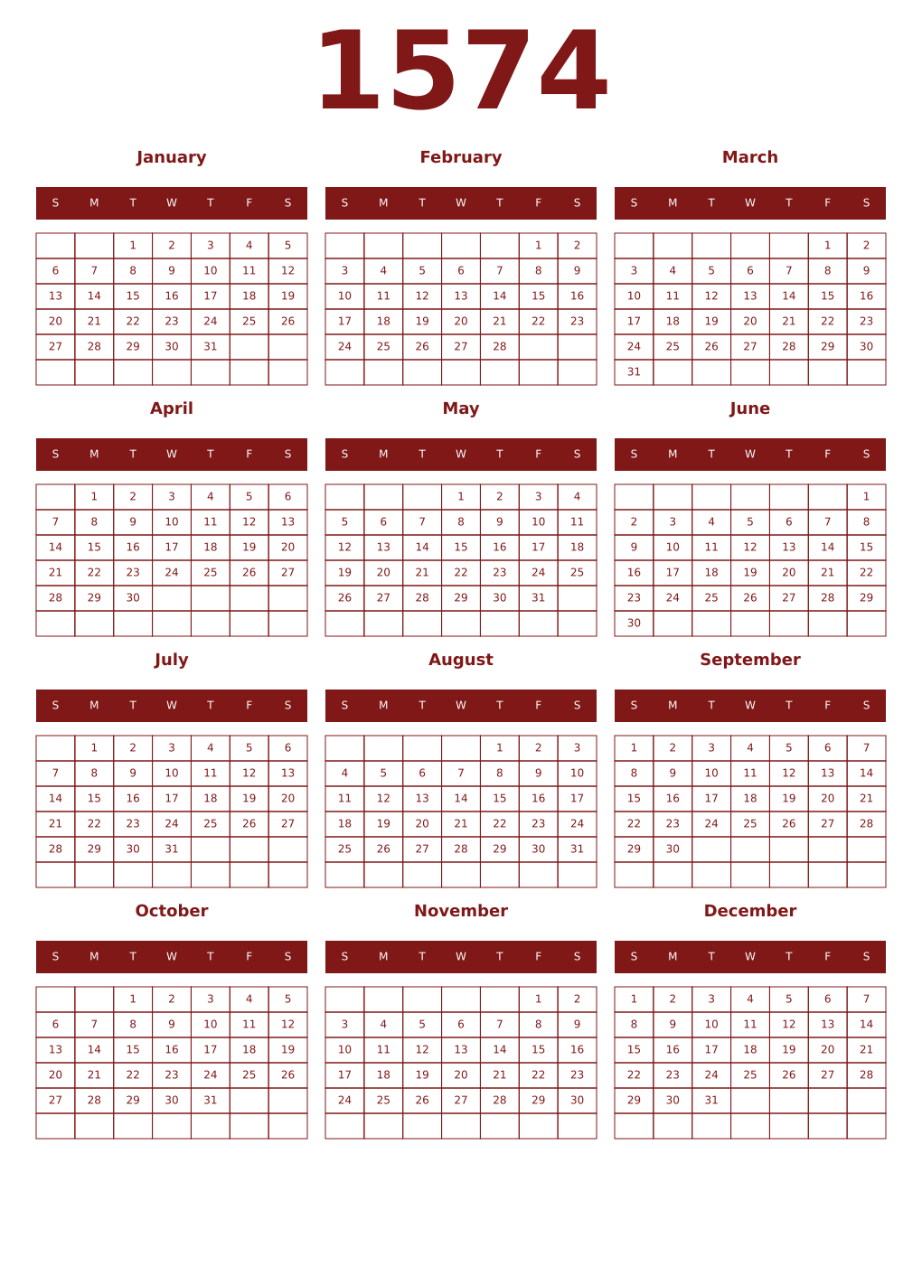 Printable 1574 Year Calendars falu