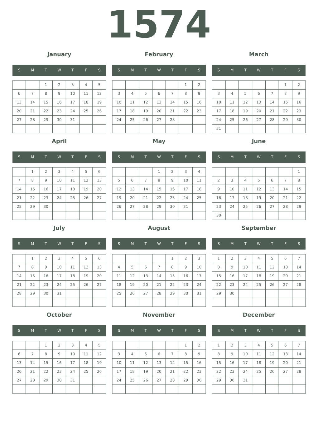 Printable 1574 Year Calendars feldgrau