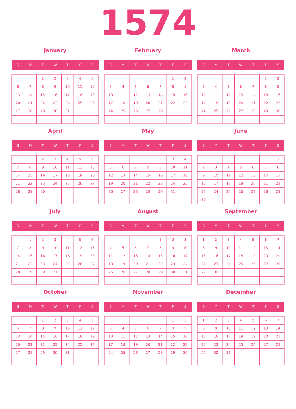 Printable 1574 Year Calendars pink