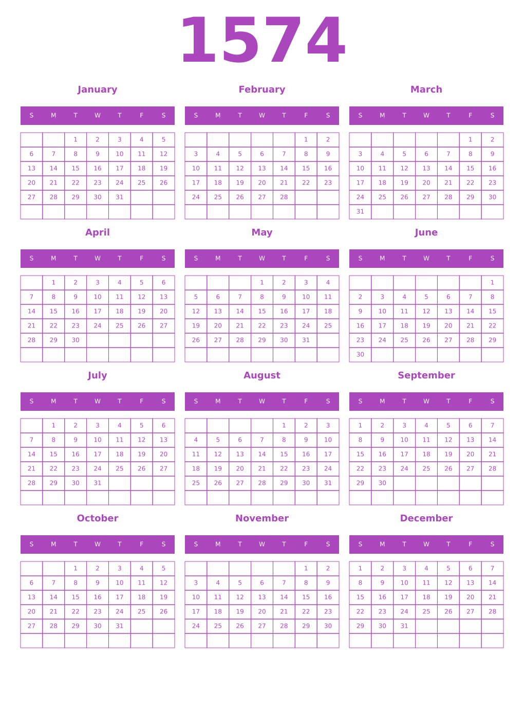 Printable 1574 Year Calendars purple